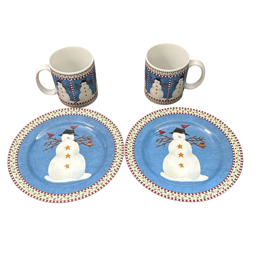 Vintage Debbie Mumm Sakura Snowmen Coffee Mug And Salad Plate Set